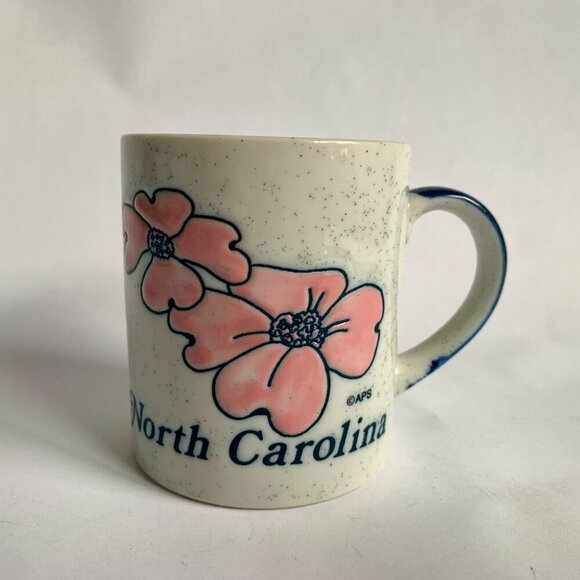 Vintage North Carolina Blue Speckled Coffee Mug Pink Dogwood Flowers Ceramic - Picture 1 of 6